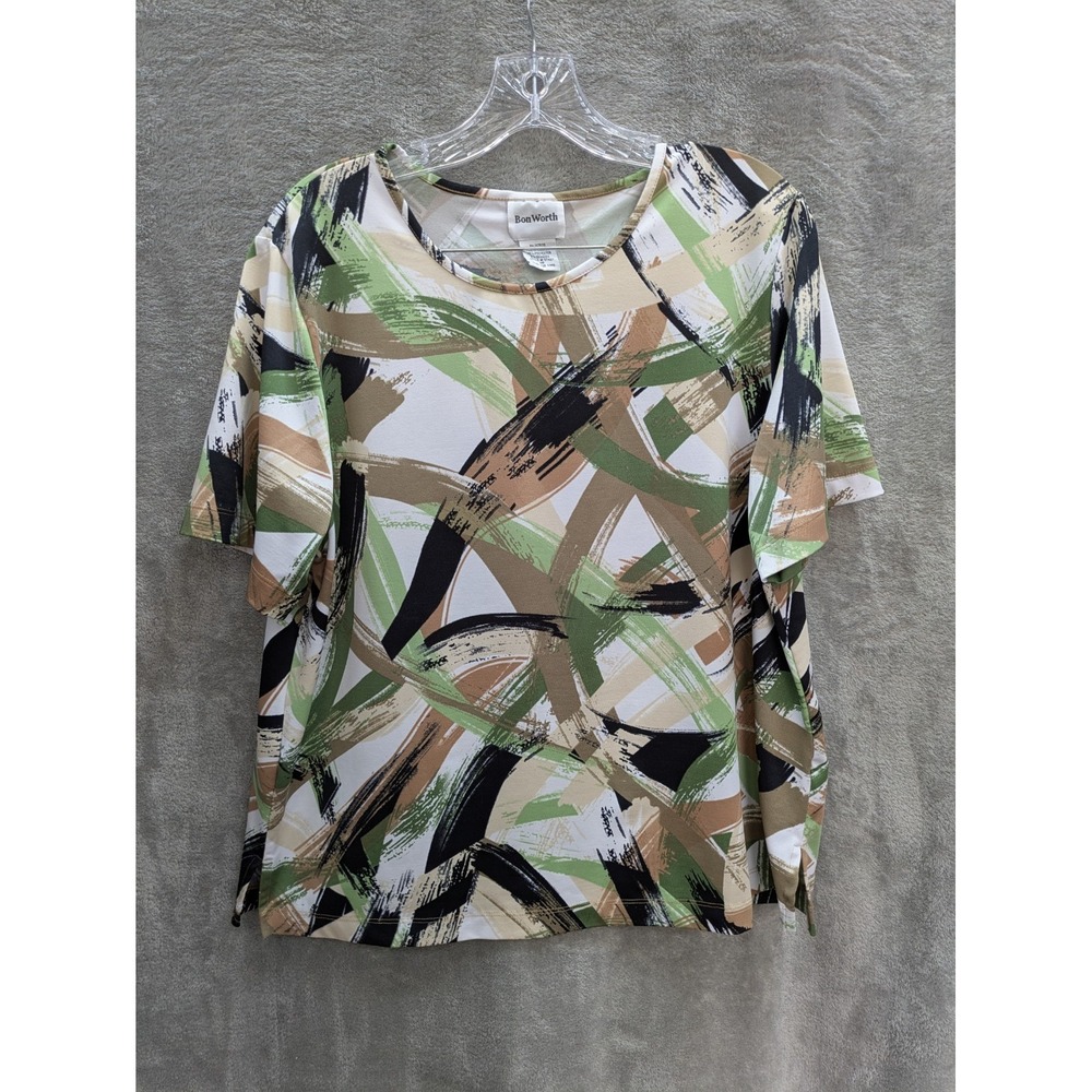 BonWorth Women's Blouse Petite M Abstract Print Green Tan Short Sleeve Artsy